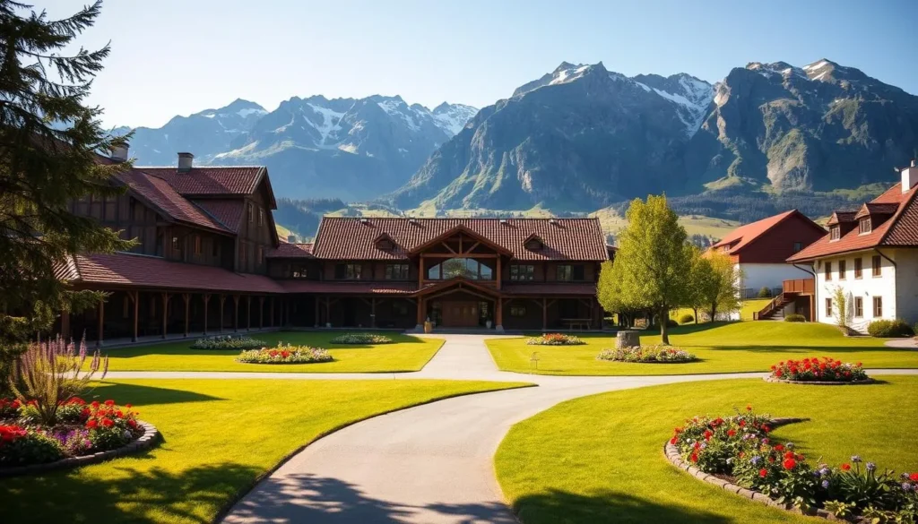 A grand, traditional Norwegian cultural center nestled amidst the stunning Hardangervidda landscape. The Telemarkstunet Center stands proudly, its wooden architecture and red-tiled roofs reflecting the region's rich heritage. Crisp, clean daylight bathes the scene, casting warm shadows across the well-tended gardens and grassy areas surrounding the main building. In the foreground, a path leads visitors towards the inviting entrance, flanked by lush greenery and vibrant flower beds. The majestic mountains of Hardangervidda rise majestically in the distance, creating a picturesque backdrop for this cultural gem.