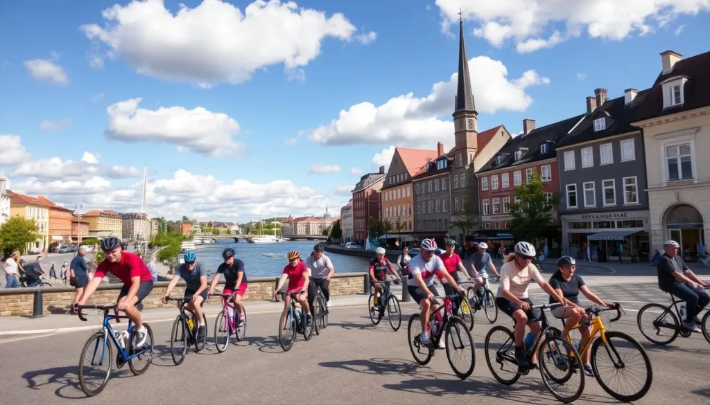 A group of cyclists riding through the scenic streets of Trondheim, Norway. In the foreground, a diverse array of bicycles - sleek road bikes, sturdy mountain bikes, and colorful commuter cycles - with riders of all ages weaving gracefully through the city traffic. The middle ground reveals the picturesque architecture of Trondheim, with its iconic historic buildings and quaint cobblestone lanes. In the background, the majestic Nidelva river flows gently, its calm waters reflecting the vibrant blue sky and fluffy white clouds overhead. The scene is bathed in warm, natural light, creating a sense of energy and movement as the cyclists make their way through this vibrant, sustainable city.