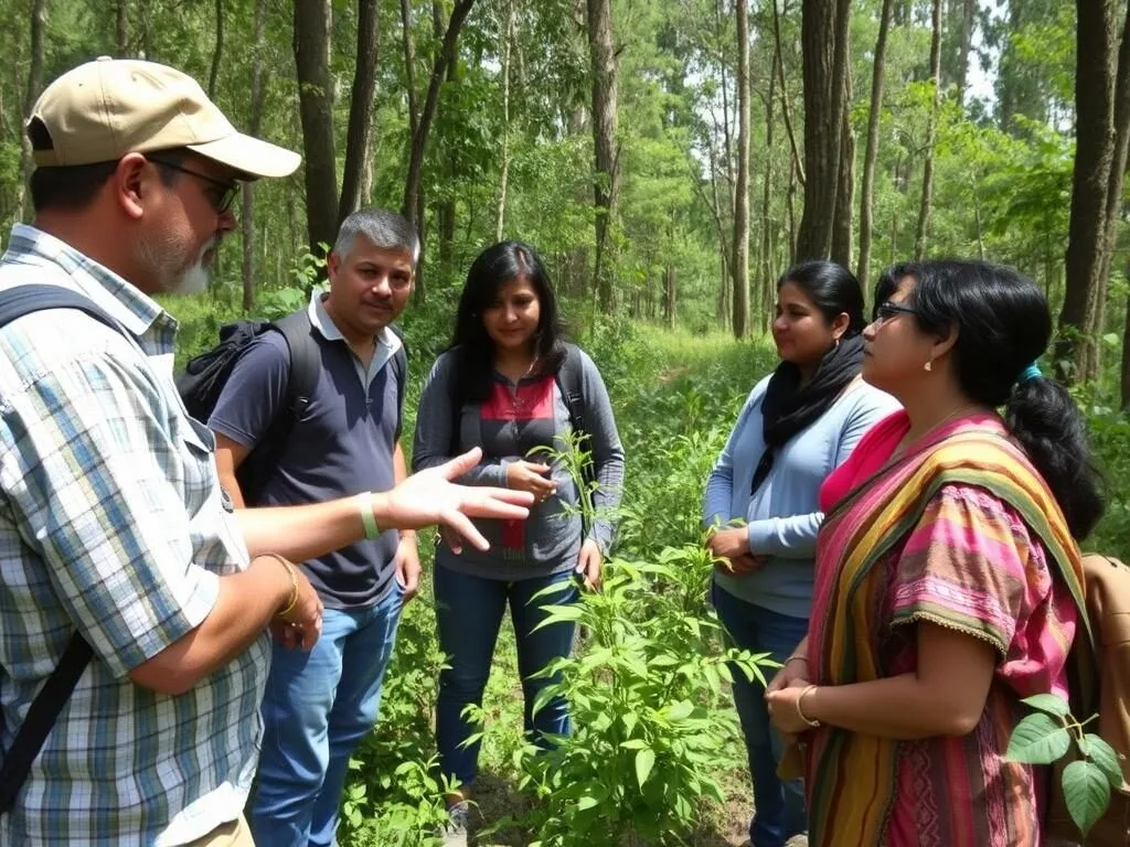A guided eco-tour in Bhawal National Park with a forest guide explaining the ecosystem to visitors