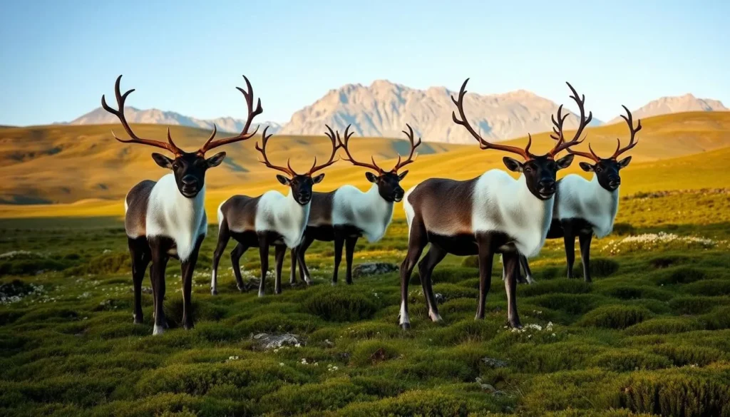 A herd of majestic reindeer grazing peacefully in the serene landscape of Sarek National Park, Sweden. The animals stand proud, their antlers silhouetted against the clear blue sky. The foreground is dominated by the lush, mossy forest floor, while the middle ground features rolling hills dotted with wildflowers. In the distance, rugged mountain peaks rise, creating a dramatic backdrop. Soft, diffused lighting bathes the scene, casting a warm, golden glow and highlighting the reindeer's thick, glossy coats. The overall atmosphere evokes a sense of tranquility and harmony, inviting the viewer to immerse themselves in the beauty of this pristine wilderness.