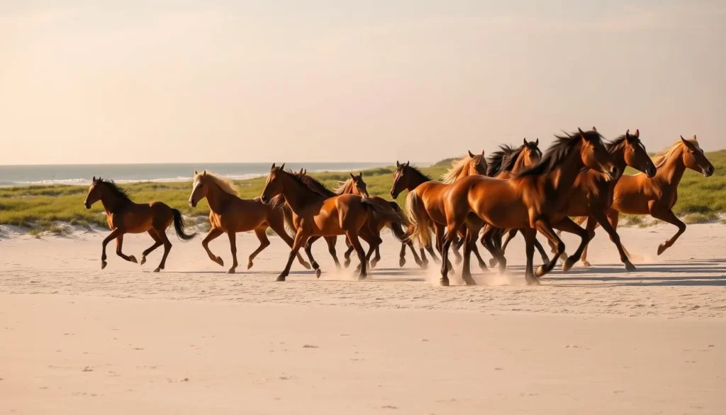 A herd of majestic wild horses roaming freely across the vast, unspoiled expanse of Cumberland Island's pristine beaches. The sun's golden rays illuminate their muscular frames as they gallop along the shoreline, their manes and tails flowing effortlessly in the gentle sea breeze. The horses' powerful movements are captured in sharp focus, their strong legs propelling them forward with graceful ease. The surrounding landscape is a tapestry of lush, verdant dunes and the tranquil, azure waters of the Atlantic Ocean, creating a serene and captivating natural setting. The overall mood is one of untamed beauty and unbridled freedom, perfectly encapsulating the essence of Cumberland Island National Seashore.