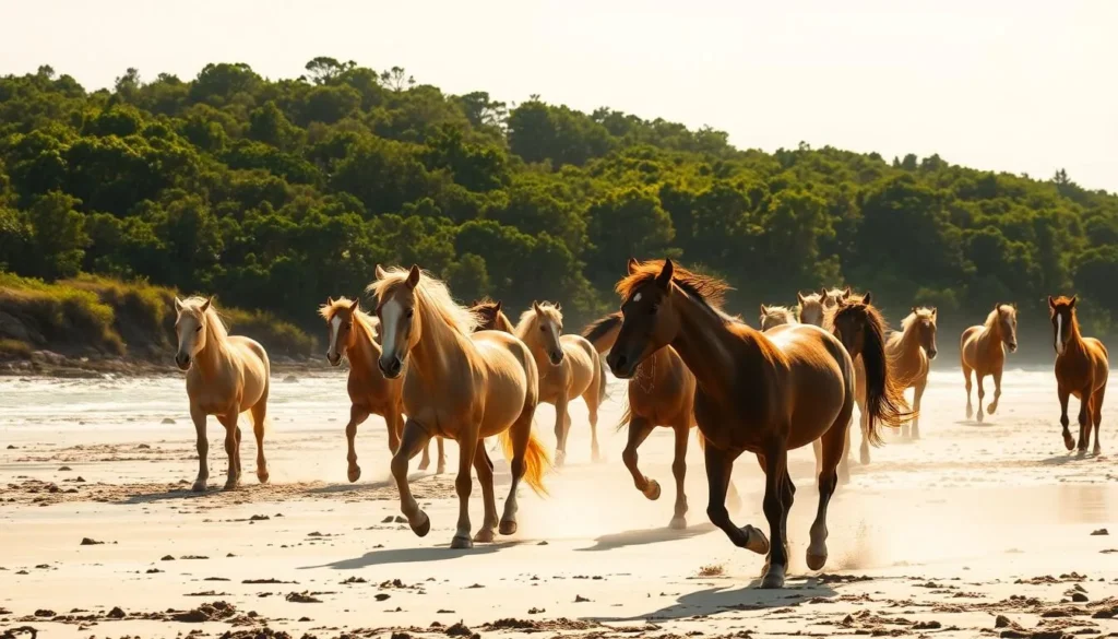 A herd of majestic wild horses roaming freely on the pristine beaches of Cumberland Island, their manes flowing in the gentle sea breeze. The sun's warm rays cast a golden glow over the scene, illuminating the horses' powerful yet graceful movements as they explore the rugged, windswept landscape. In the background, the lush, verdant foliage of the island's maritime forest provides a serene and natural backdrop, creating a tranquil and picturesque atmosphere. The camera's lens captures the essence of this unspoiled wilderness, showcasing the beauty and untamed spirit of the Cumberland Island wild horses.