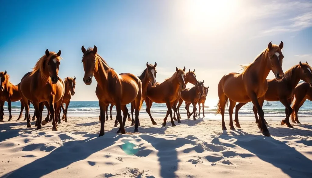 A herd of majestic wild horses roams the pristine beaches of Cumberland Island, their muscular frames silhouetted against the backdrop of a brilliant blue sky. The sun's warm rays bathe their glossy coats in a golden glow, as they graze leisurely along the windswept dunes. In the foreground, individual horses can be seen in sharp detail, their alert expressions and powerful movements captured through a telephoto lens. The middle ground reveals the expansive seascape, with gentle waves lapping at the shoreline, while the distant horizon is dotted with lush, verdant foliage. This tranquil, serene scene evokes a sense of timelessness and the untamed beauty of this unique coastal wilderness.