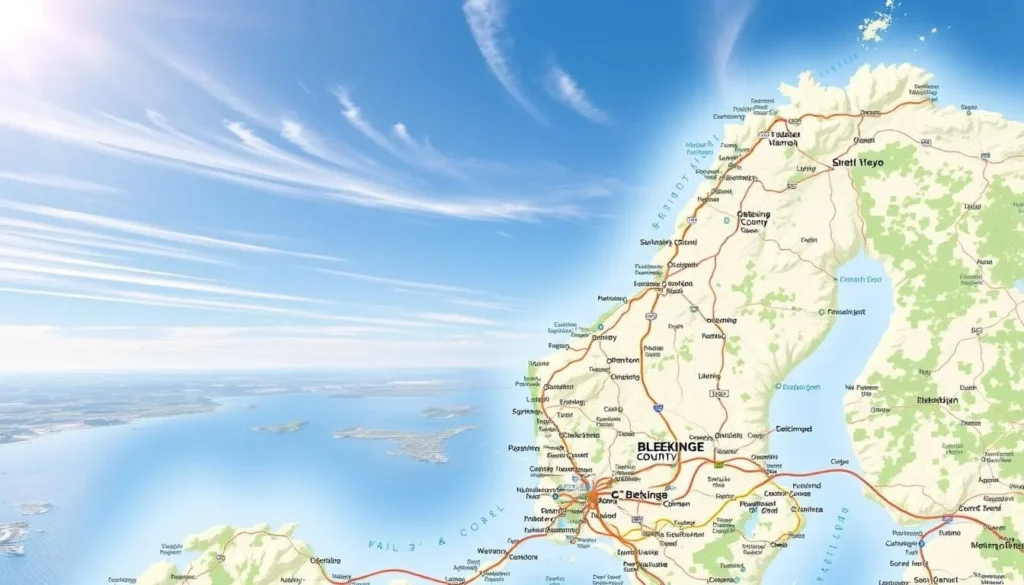 A highly detailed, photorealistic map of Blekinge County, Sweden, showcasing its coastal landscapes, major cities, and transportation routes. The map is rendered with precise cartographic accuracy, highlighting key landmarks, waterways, and road networks. The background features a serene, sun-dappled sky with wispy clouds, creating a sense of tranquility. The middle ground depicts the county's varied terrain, from rolling hills and dense forests to picturesque harbors and islands. The foreground emphasizes the major road and rail connections, allowing viewers to visualize the transportation options for accessing this beautiful region. The overall impression is one of a comprehensive, visually striking guide to navigating and exploring Blekinge County.