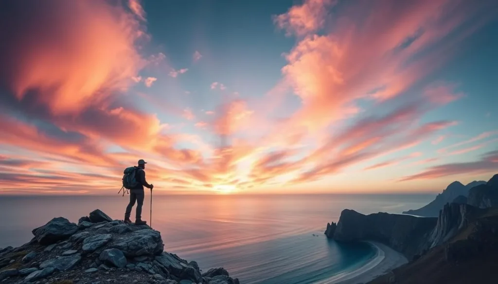 A hiker sitting on the summit of Ryten, enjoying the panoramic view of Kvalvika Beach.
