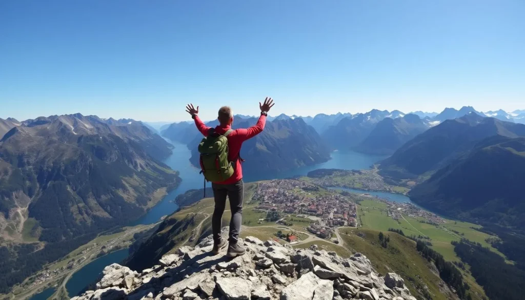 A hiker standing at the summit of Reinebringen, overlooking the picturesque village of Reine.