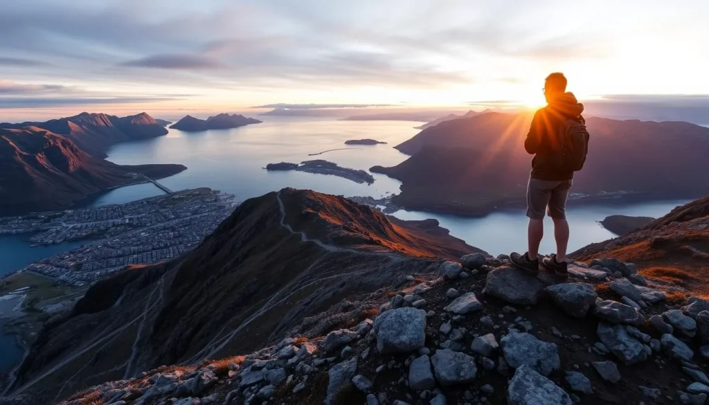 A hiker standing at the summit of Svolvaer Fløya, taking in the views of the town and harbor.