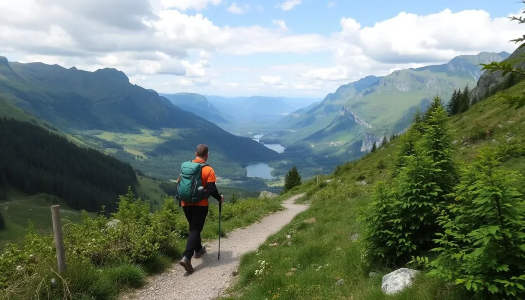 A hiker walking on the Munkan trail, surrounded by the serene landscapes of Sørvågen.