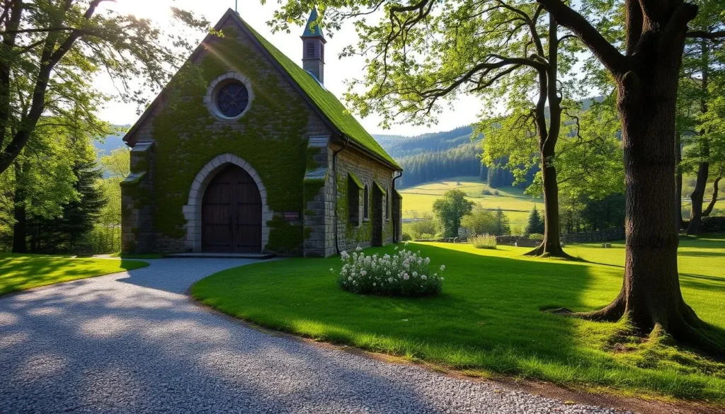 A historic moss-covered stone church nestled in the lush green landscape of Moss, Norway. The charming building stands tall, its ancient walls adorned with a vibrant carpet of verdant moss. Sunlight filters through the surrounding trees, casting a warm, natural glow on the scene. In the foreground, a gravel path leads towards the church's ornate wooden doors, inviting visitors to step inside and explore the rich history and architectural details. The middle ground features a neatly trimmed lawn dotted with blooming wildflowers, while the background showcases the rolling hills and verdant forests that typify the picturesque Norwegian countryside. This serene and peaceful setting captures the essence of Moss, Norway's captivating history and natural beauty.