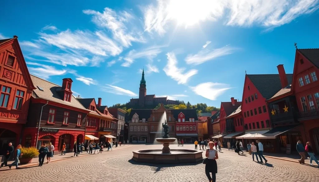 A historic town square in Falun, Sweden, bathed in warm afternoon sunlight. Cobblestone streets and charming red-painted buildings surround a central fountain, their facades adorned with intricate architectural details. Locals and visitors stroll leisurely, admiring the well-preserved 19th-century Swedish style. In the distance, the iconic Stora Kopparberget copper mine looms, a testament to Falun's industrial heritage. Wispy clouds drift overhead, casting gentle shadows across the lively scene. The mood is one of tranquility and timeless beauty, inviting the viewer to immerse themselves in Falun's captivating historic center.