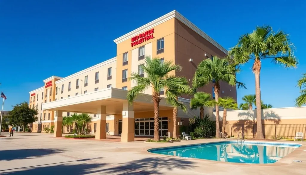 A hotel in Metairie with palm trees and swimming pool on a sunny day