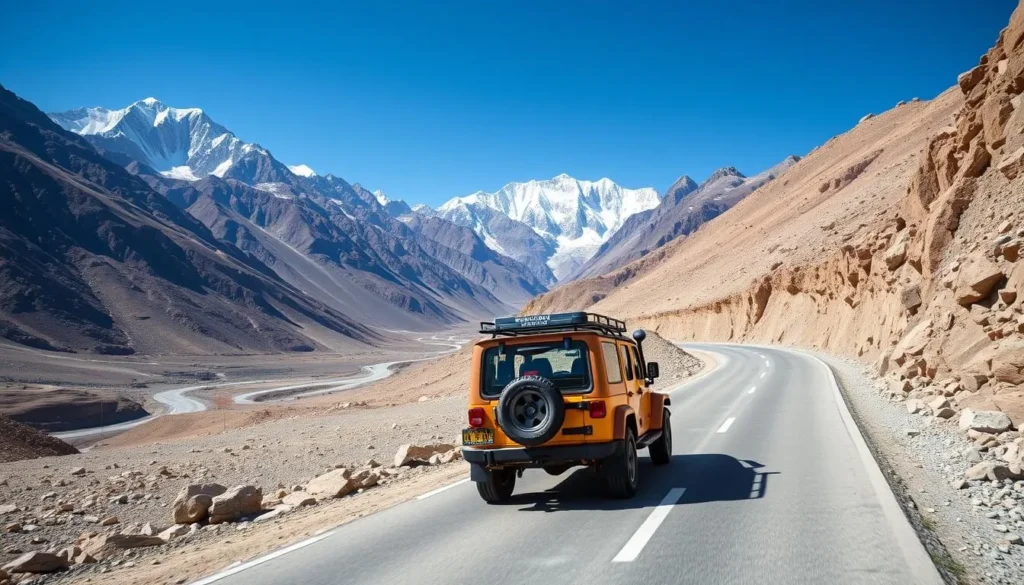 A jeep traversing the winding Karakoram Highway with mountains in the background