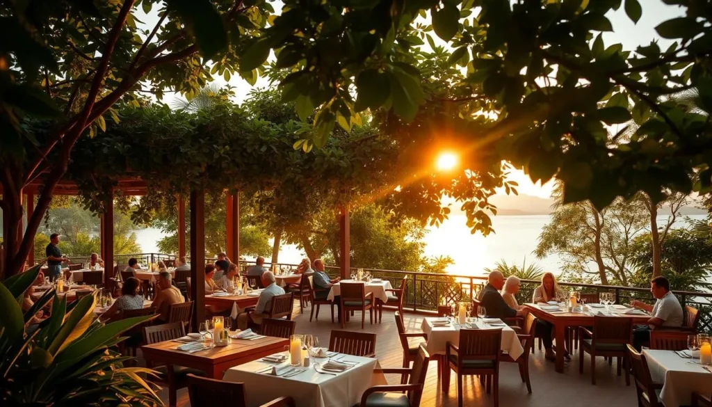 A lakeside dining terrace in Brasilia, surrounded by lush tropical foliage. Warm, golden light filters through the leaves, creating a soft, romantic ambiance. Elegant wooden tables adorned with white tablecloths and candles set the scene for an al fresco dining experience. Guests sit under a canopy of hanging vines, enjoying the tranquil view of the glistening lake and distant horizon. The architecture blends modern Brazilian design with natural elements, resulting in a harmonious, serene atmosphere perfect for an evening of fine dining.