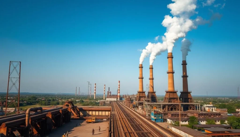 A large industrial complex sprawls across the horizon, its towering chimneys and furnaces belching plumes of smoke against a clear, azure sky. The Durgapur Steel Plant, the pride of East India, stands as a testament to the region's industrial might. In the foreground, workers bustle about, navigating a web of pipes, gantry cranes, and railway tracks, all captured in a cinéma vérité style. The mid-ground features the plant's iconic blast furnaces, their massive structures casting long shadows across the bustling factory floor. The background showcases the city of Durgapur, its residential neighborhoods and commercial centers nestled amidst lush greenery, presenting a harmonious balance between industry and nature.