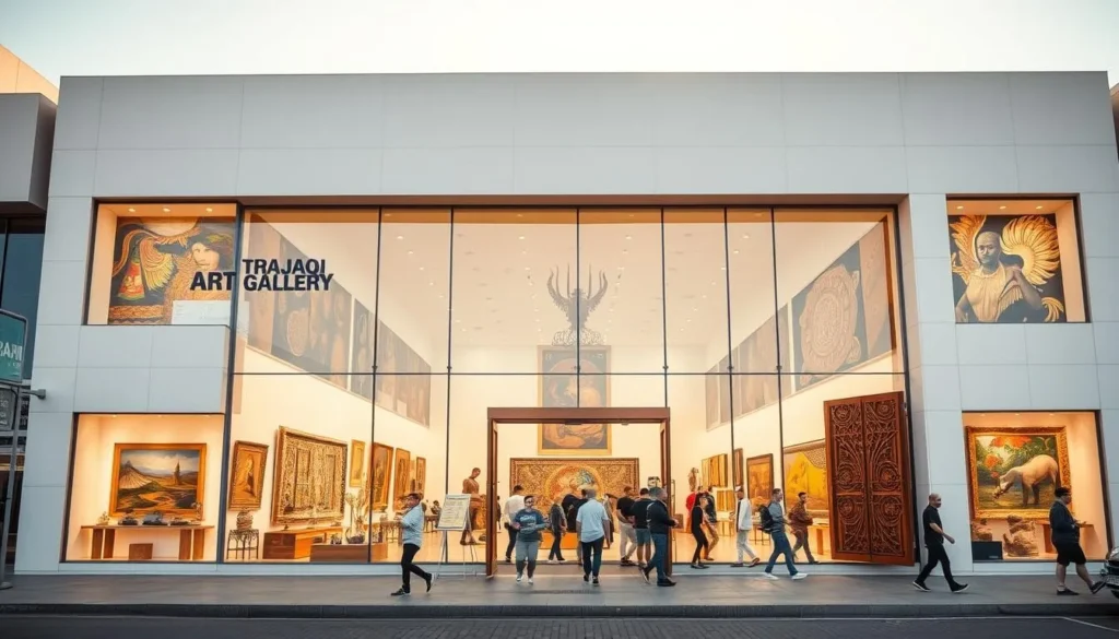 A large, modern Iraqi art gallery situated on a bustling street in Amara. The exterior features sleek, minimalist architecture with clean lines and floor-to-ceiling windows showcasing the vibrant artwork inside. The gallery's entrance is framed by ornate carved wooden doors, inviting visitors to explore the rich cultural heritage of Iraqi art. Warm sunlight floods the spacious interior, illuminating the diverse collection of paintings, sculptures, and intricate textiles on display. Visitors stroll through the gallery, immersed in the captivating sights and atmospheres of Iraq's thriving artistic traditions. A large, modern Iraqi art gallery situated on a bustling street in Amara. The exterior features sleek, minimalist architecture with clean lines and floor-to-ceiling windows showcasing the vibrant artwork inside. The gallery's entrance is framed by ornate carved wooden doors, inviting visitors to explore the rich cultural heritage of Iraqi art. Warm sunlight floods the spacious interior, illuminating the diverse collection of paintings, sculptures, and intricate textiles on display. Visitors stroll through the gallery, immersed in the captivating sights and atmospheres of Iraq's thriving artistic traditions.