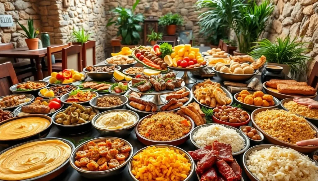A lavish spread of traditional Lebanese cuisine, captured in natural light. In the foreground, an array of colorful meze dishes: creamy hummus, tangy tabbouleh, stuffed grape leaves, and crisp falafel. The middle ground features aromatic grilled meats, tender lamb kebabs, and fragrant rice pilaf. In the background, a vibrant display of fresh fruits, nuts, and baklava pastries. The scene is set against a backdrop of rustic stone walls, wooden furniture, and lush greenery, evoking the warm, convivial atmosphere of a family-run Lebanese eatery. The overall composition strikes a balance between authenticity and visual appeal, capturing the essence of Lebanon's renowned culinary traditions.