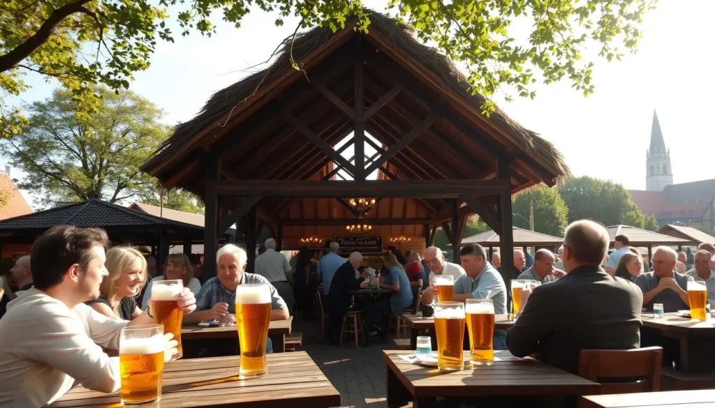 A lively Czech beer garden on a sunny day, with wooden tables and benches nestled beneath the shade of mature chestnut trees. In the foreground, a group of locals enjoy frothy pints of amber lager, engaged in animated conversation. The middle ground features a traditional thatched-roof pavilion, its warm glow accentuated by soft, natural lighting. In the background, a historic castle or church spire rises, providing a picturesque backdrop to this quintessential scene of Czech culture and culinary delights.