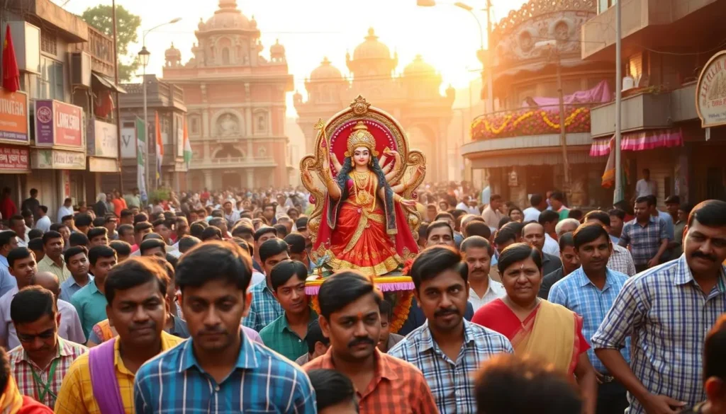 A lively Durga Puja celebration in Howrah, West Bengal, with a vibrant procession of devotees carrying the goddess Durga's ornate idol through the bustling streets. The foreground features the intricately decorated idol carried by a group of devotees, their colorful garments and joyous expressions capturing the festive spirit. In the middle ground, a crowd of onlookers gathers, their faces alight with wonder and reverence. The background showcases the ornate pandal (temporary shrine) adorned with intricate carvings, vibrant flowers, and colorful lights, all bathed in warm, golden hues of the afternoon sun. The overall scene conveys the rich cultural heritage, community togetherness, and reverence for the divine during this celebrated Hindu festival.
