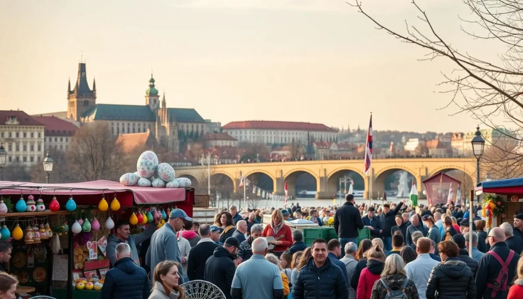 A lively Prague Spring Festival scene set against the picturesque backdrop of the city's iconic architecture. In the foreground, a bustling outdoor market showcases colorful Easter decorations, handcrafted trinkets, and local delicacies. Mid-ground, a crowd gathers around a small stage, where musicians perform traditional Czech folk songs, their melodies carried on a gentle breeze. In the background, the striking silhouettes of Prague Castle and the Charles Bridge emerge, bathed in warm, golden light. The atmosphere is one of vibrant celebration, as locals and visitors alike embrace the city's blooming beauty and rich cultural heritage.
