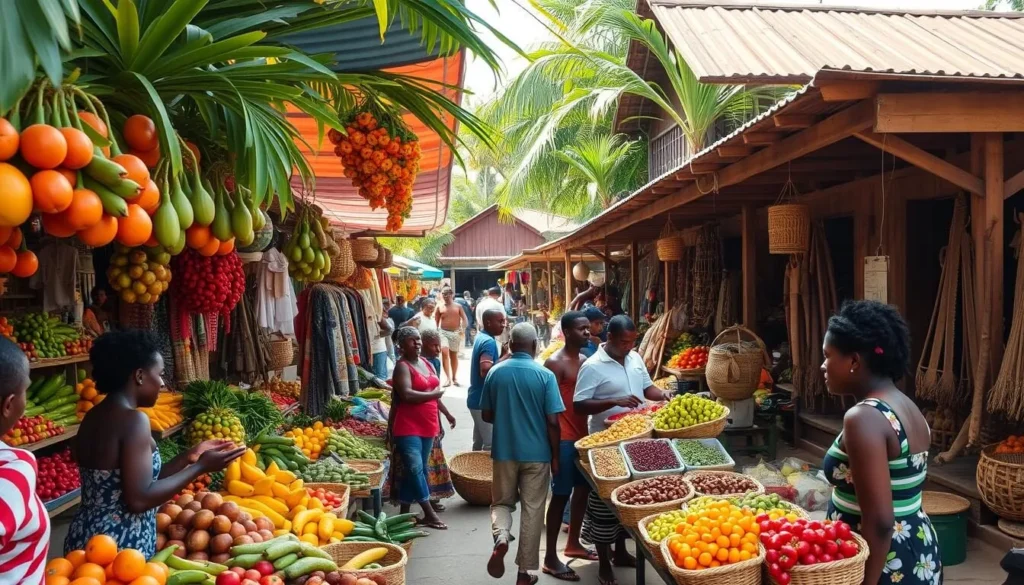 A lively and vibrant local market in Sinnamary, French Guiana. Colorful stalls brimming with freshly harvested tropical produce, from exotic fruits to fragrant spices. The sunlight filters through the canopy, casting a warm glow on the bustling scene. In the foreground, friendly vendors engage with shoppers, haggling playfully. The middle ground features a diverse array of handcrafted goods, from woven baskets to intricate wood carvings. In the background, the market is framed by traditional wooden buildings, lending an authentic cultural atmosphere. Capture the energy, diversity, and cultural essence of this vibrant Sinnamary marketplace.