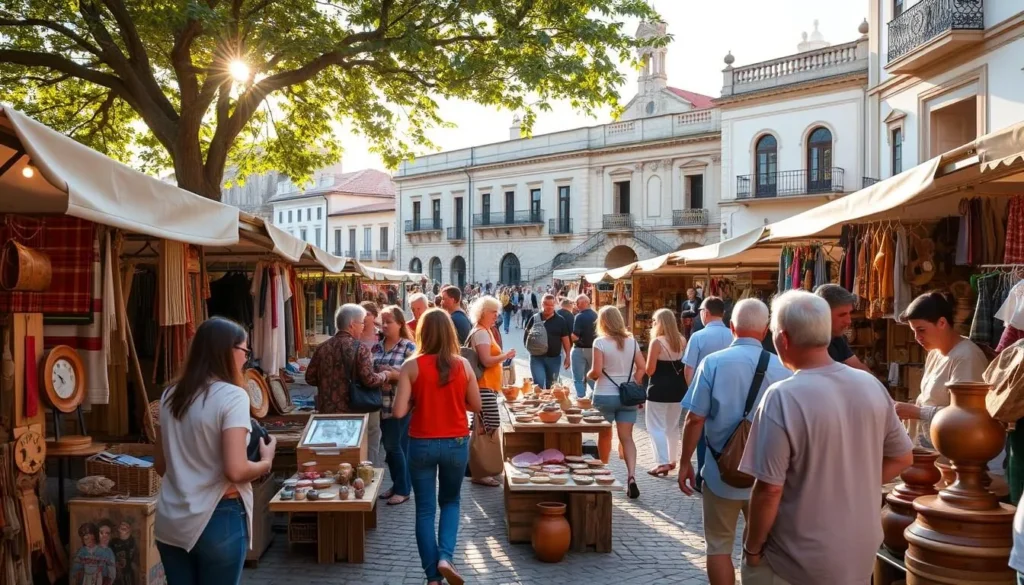 A lively artisan market unfolds in the charming historical town of Colonia del Sacramento, Uruguay. The sun-dappled cobblestone square is bustling with local artisans and craftspeople showcasing their wares - handwoven textiles, intricate leatherwork, colorful pottery, and wooden carvings. Shoppers browse the eclectic stalls, immersed in the vibrant atmosphere of this free, budget-friendly cultural experience. In the background, the iconic historic architecture of Colonia's UNESCO-protected Old Town provides a picturesque setting, with a warm, golden light filtering through the trees. The scene captures the authentic charm and laidback spirit of this charming Uruguayan destination.