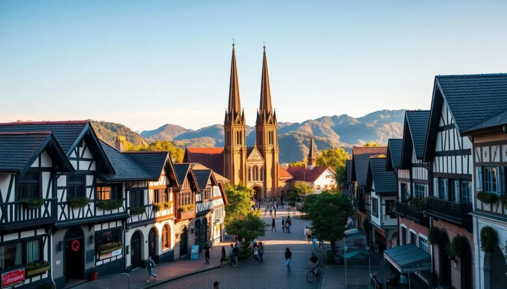 A lively cityscape of Blumenau, nestled in the verdant hills of southern Brazil. In the foreground, charming cobblestone streets lined with half-timbered, gabled buildings in the distinct Bavarian style, adorned with vibrant window boxes and wreath-adorned doorways. Mid-ground, the iconic Gothic spires of the Evangelische Kirche rise majestically, casting long shadows across the bustling town square. In the background, the rolling, forested peaks of the Serra do Mar mountains stretch out under a bright, sun-dappled sky, creating a picturesque harmony of old-world charm and natural splendor. Capture the essence of this "Little Germany" with warm, golden light, a crisp, clear atmosphere, and a sense of tranquil, small-town vibrancy.