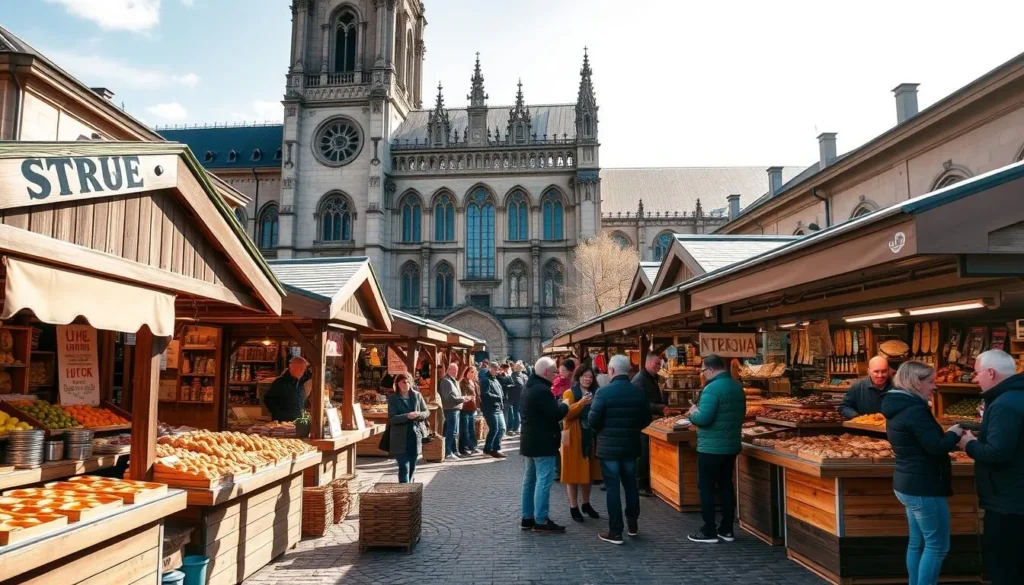 A lively, open-air food market in the heart of Trondheim, Norway, bustling with vibrant stalls showcasing the bountiful Nordic cuisine of the Trondelag region. Wooden vendor kiosks line the sun-dappled cobblestone plaza, adorned with colorful produce, freshly baked breads, artisanal cheeses, and cured meats. Friendly locals and visitors mingle, sampling traditional delicacies and sipping hot, fragrant coffees. In the background, the stately Nidaros Cathedral towers, its ornate Gothic architecture casting dramatic shadows across the lively scene. Warm, natural lighting illuminates the cheerful atmosphere, inviting guests to indulge in the culinary delights that define the rich food culture of Trondelag.