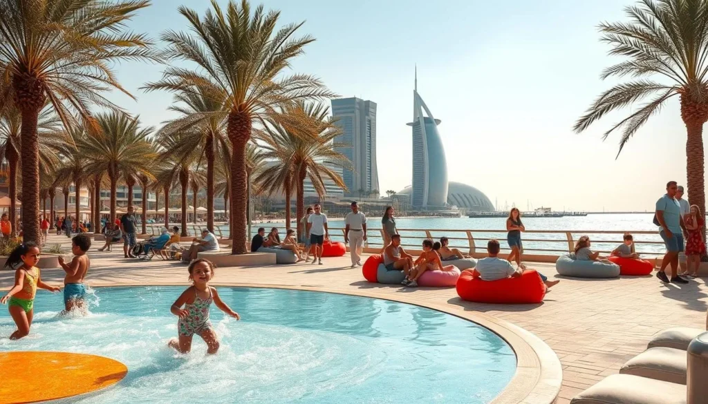A lively scene of family activities in the picturesque Al Kout waterfront promenade. In the foreground, children play in a colorful splash pad, their joyful laughter filling the air. Nearby, families gather on plush beanbags, enjoying a picnic lunch while gazing out at the glistening waters of the Arabian Gulf. In the middle ground, young couples stroll hand-in-hand, taking in the vibrant atmosphere and the stunning views of the towering Al Kout Mall. The background is framed by swaying palm trees and a cloudless, azure sky, bathing the entire scene in a warm, golden glow. The mood is one of pure leisure and relaxation, capturing the essence of quality family time in this popular Kuwaiti destination.
