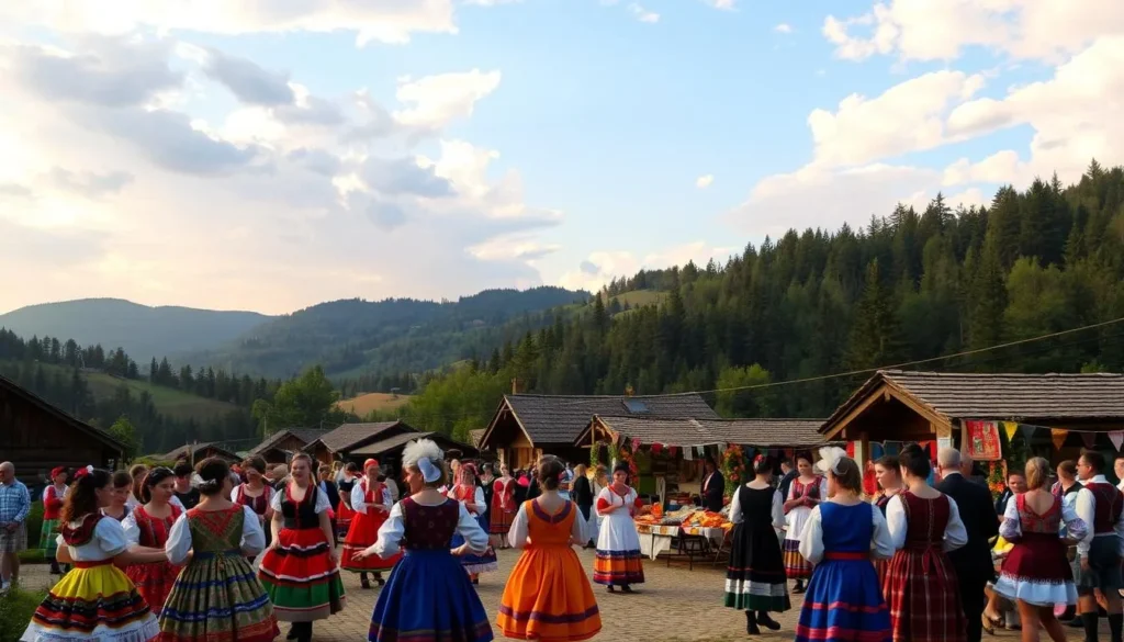 A lively scene of traditional White Carpathian cultural events unfolds under a warm, golden-hued sky. In the foreground, villagers in vibrant folk costumes perform intricate dances, their movements graceful and rhythmic. In the middle ground, a bustling marketplace showcases artisanal crafts, hand-woven textiles, and local delicacies. In the background, rolling hills and verdant forests provide a picturesque natural backdrop, enhancing the rustic, timeless ambiance. The overall composition evokes a sense of community, heritage, and the enduring spirit of the White Carpathian region.