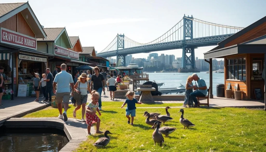 A lively scene on Granville Island: a family exploring the bustling public market, browsing the artisan stalls, and playing on the grassy waterfront. Crisp natural light bathes the colorful facades and wooden docks. Children giggle as they feed the ducks by the inlet, while parents sip local craft brews at a cozy outdoor cafe. In the background, the iconic Granville Street Bridge arches over the tranquil waters, framing the vibrant, family-friendly atmosphere.