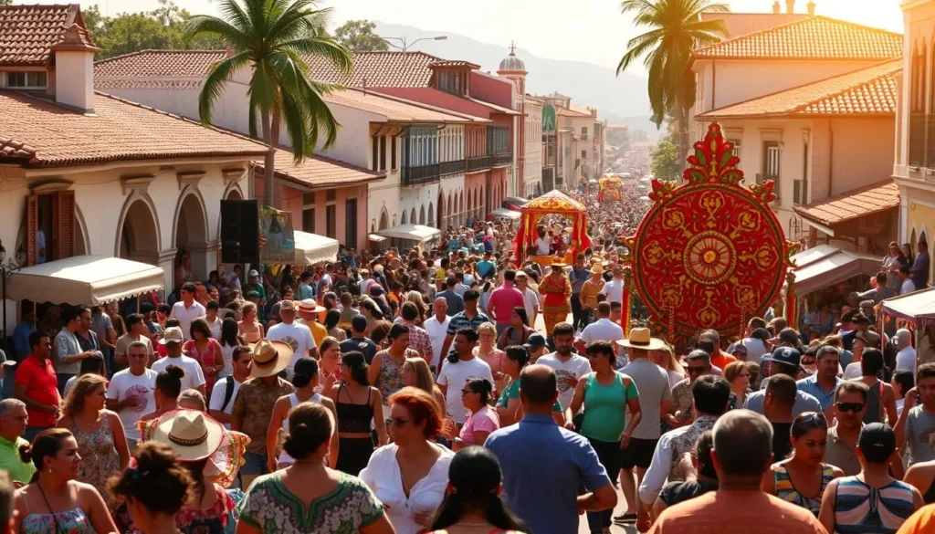 A lively street festival in Cuiaba, Brazil, on a sunny afternoon. In the foreground, crowds of people dressed in vibrant, traditional costumes dance to the rhythmic beat of live music. Mid-ground, colorful parade floats adorned with intricate patterns and ornaments move through the streets, while vendors sell local delicacies and crafts. In the background, colonial-style buildings with tiled roofs line the streets, creating a picturesque, historic backdrop. Warm, golden lighting casts a festive glow over the scene, capturing the energy and joy of the Cuiaba celebration.