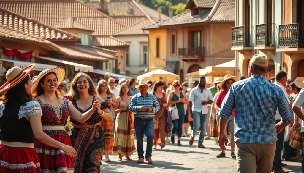 A lively street scene in a picturesque Uruguayan town, showcasing the vibrant festivals that celebrate the country's rich cultural heritage. In the foreground, colorfully dressed locals dance to the rhythmic beats of traditional music, their joyful expressions radiating the festive spirit. In the middle ground, vendors offer an array of handcrafted goods, inviting passersby to explore the vibrant marketplace. The background features historic architecture, with tiled roofs and ornate balconies, creating a charming and authentic setting. Warm, golden sunlight filters through, casting a soft glow over the entire scene and enhancing the overall mood of celebration and community.