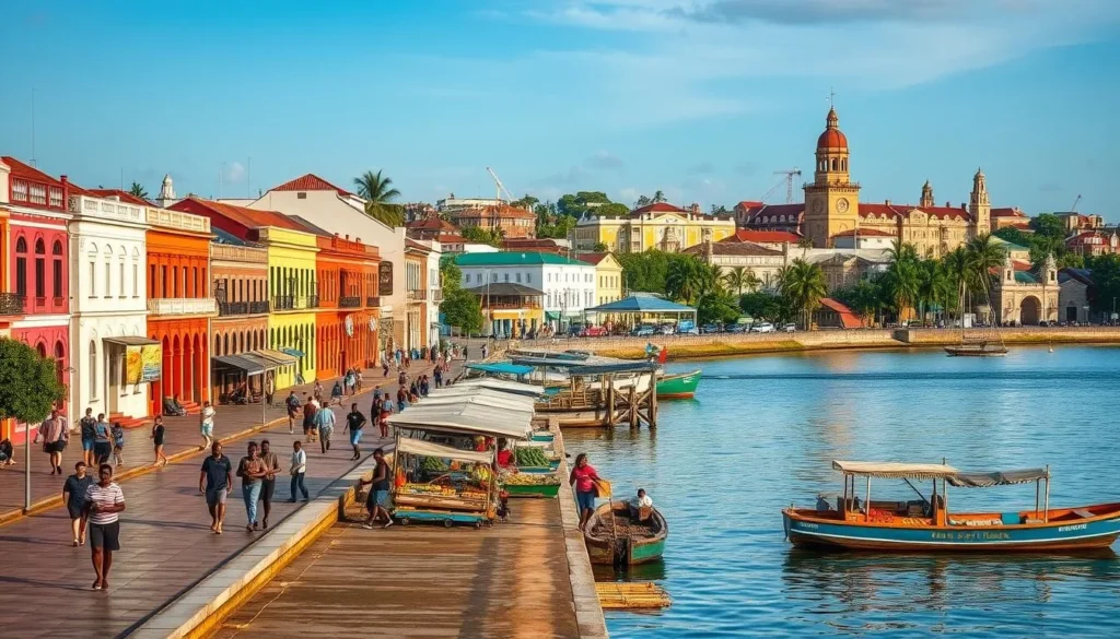 A lively travel guide for Paramaribo, the vibrant capital of Suriname. In the foreground, colorful colonial buildings line the banks of the Suriname River, their bright facades reflecting in the calm waters. People stroll along the riverfront promenade, taking in the sights and sounds of this historic port city. In the middle ground, a bustling marketplace showcases the diverse cultures and traditions of Suriname, with vendors selling tropical fruits, handicrafts, and spices. In the background, the skyline is punctuated by the distinctive architecture of Paramaribo's historic center, a UNESCO World Heritage site. The scene is bathed in warm, golden light, evoking the tropical climate and welcoming atmosphere of this unique destination.