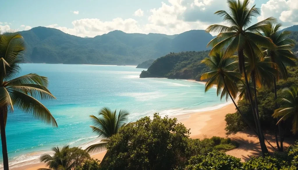 A lush coastal landscape of Cabo Orange National Park, Brazil. Pristine beaches with glistening golden sand meet the turquoise waters of the Atlantic Ocean. Towering palm trees sway gently in the warm breeze, casting soft shadows across the scene. In the distance, verdant rainforest-covered hills rise up, blanketed in a rich tapestry of green foliage. The warm, golden sun illuminates the panorama, creating a serene and tranquil atmosphere. Capture the natural splendor of this remarkable coastal gem, showcasing its breathtaking geography and untamed beauty.