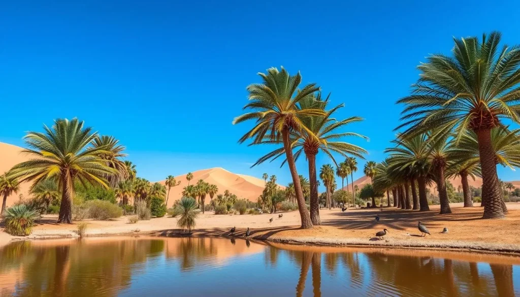A lush desert oasis nestled in the arid Ica region of Peru. Vibrant palm trees sway gently, their fronds casting playful shadows across the sun-kissed sand. In the foreground, a tranquil pond reflects the cloudless azure sky, its surface rippling with the movements of native waterfowl. Towering sand dunes rise in the distance, their gentle slopes glowing with warm, golden hues under the midday sun. The overall scene exudes a sense of serene tranquility, inviting the viewer to step into this hidden natural wonder and discover the captivating beauty of Ica's desert oasis.