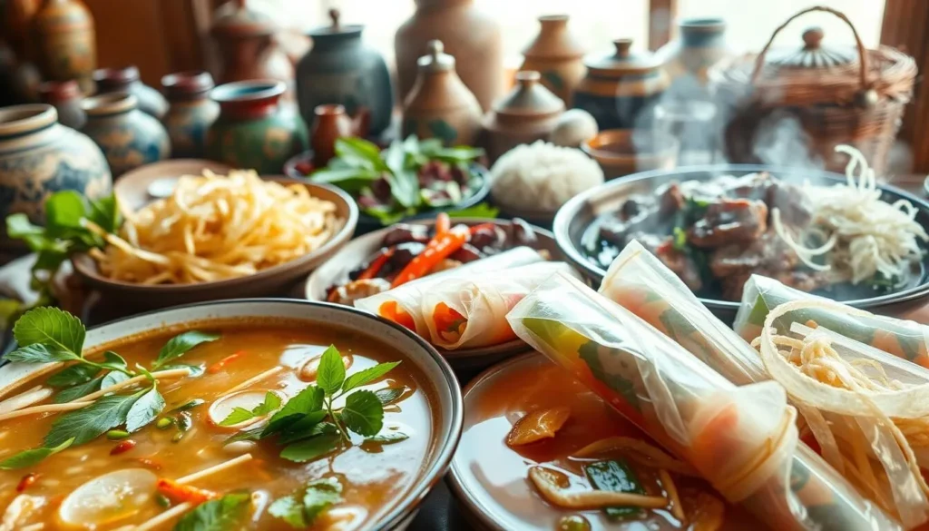 A lush feast of Vietnamese delicacies, captured in vibrant detail. In the foreground, a platter overflows with fragrant pho noodle soup, its broth steaming with aromatic spices. Beside it, a selection of fresh spring rolls, their translucent wrappers revealing the colorful fillings within. In the middle ground, a sizzling plate of lemongrass-infused beef, accompanied by a mound of fragrant jasmine rice. In the background, a tableau of traditional Vietnamese pottery and woven baskets, bathed in soft, natural light. The scene exudes the warmth and complexity of Vietnamese cuisine, inviting the viewer to explore its flavors and traditions.