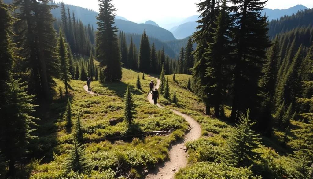 A lush, forested landscape with winding hiking trails leading through the rolling hills of Golden, British Columbia. Sunlight filters through the towering evergreens, casting a warm glow on the rugged terrain. In the foreground, a well-marked trail winds its way through the undergrowth, inviting the viewer to explore. In the middle ground, a group of hikers traverse the path, their figures silhouetted against the backdrop of the majestic Rocky Mountains. The scene evokes a sense of adventure and peaceful solitude, capturing the essence of the outdoor recreation opportunities surrounding the town of Golden.