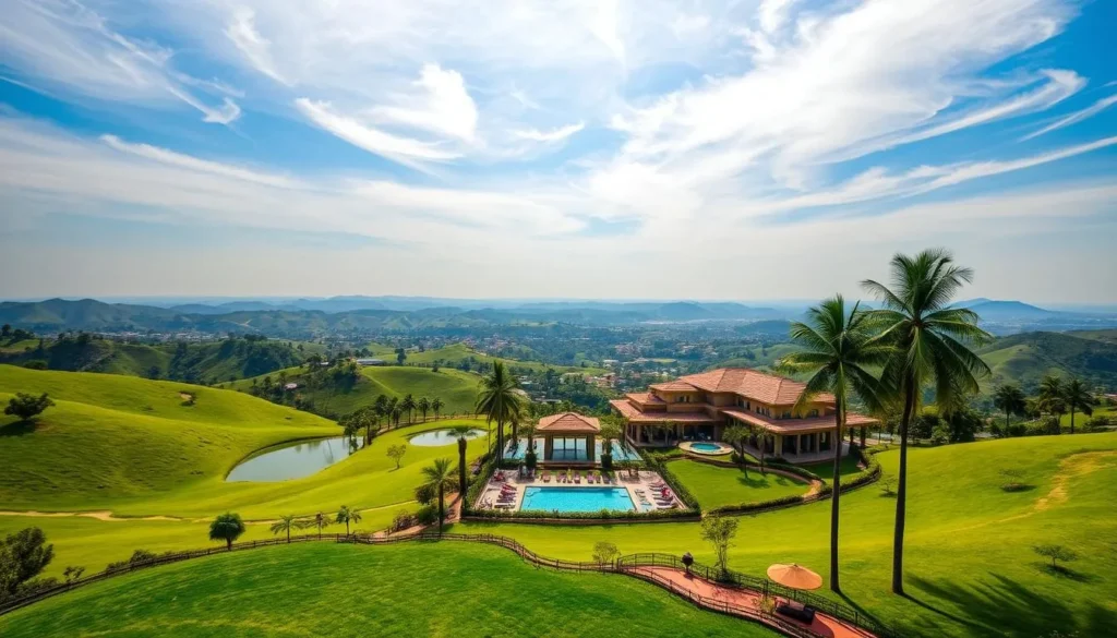 A lush, green landscape with rolling hills and a serene lake in the foreground. In the middle ground, a luxurious resort with a modern, Mediterranean-inspired architecture nestled among towering palm trees. Guests are lounging by the infinity pool, taking in the breathtaking views of the surrounding countryside. The sky is a brilliant blue, with wispy clouds drifting overhead, and the warm, golden sunlight bathes the scene in a natural, inviting glow. The overall atmosphere is one of relaxation, tranquility, and the perfect weekend getaway from the bustling city of Rajkot.
