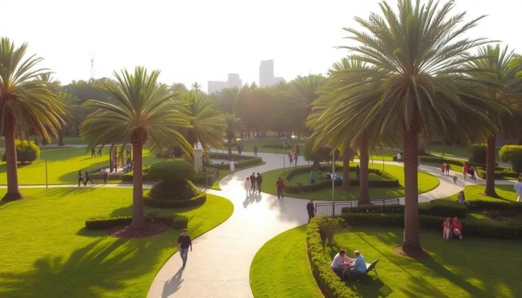 A lush green oasis in the heart of Hillah, Al-Qadisiyyah Park is a serene haven for locals and visitors alike. Capture the tranquil ambiance of this urban sanctuary, showcasing its well-manicured lawns, towering palm trees, and neatly pruned hedges bathed in the warm glow of the afternoon sun. Depict families strolling along the winding pathways, children playing on the meticulously maintained playgrounds, and couples enjoying a picnic under the shade of the mature trees. The scene should convey a sense of harmony and rejuvenation, where the bustling city fades into the background, allowing the park's natural beauty to take center stage.