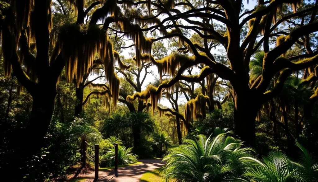 A lush maritime forest on the coastal Georgia island of Ossabaw, with towering live oak trees draped in Spanish moss casting dappled shadows. In the foreground, a winding path meanders through dense undergrowth of palmetto and ferns. In the middle ground, sunlight filters through the canopy, illuminating the vibrant green foliage. In the background, glimpses of the Atlantic Ocean glimmer through the trees. The scene is bathed in warm, golden sunlight, creating a serene and tranquil atmosphere that invites exploration of this natural wonder.