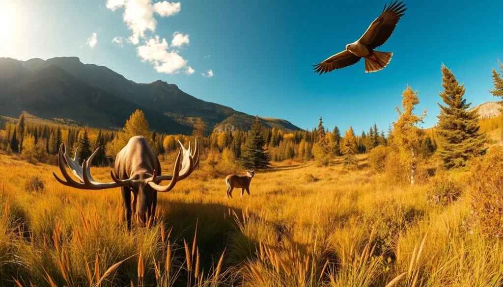 A lush, panoramic scene of Borgefjell National Park's diverse wildlife. In the foreground, a majestic moose grazes among the tall grasses, its antlers casting dramatic shadows. In the middle ground, a pair of Eurasian lynx slink through the underbrush, their tawny coats blending seamlessly with the surrounding foliage. Soaring overhead, a golden eagle glides effortlessly on the updrafts, its wings outstretched against a brilliant blue sky. The picturesque landscape is bathed in warm, golden light, conveying a sense of tranquility and natural abundance. Capture the essence of this Norwegian wilderness, where wildlife thrives amidst the rugged beauty of Borgefjell.