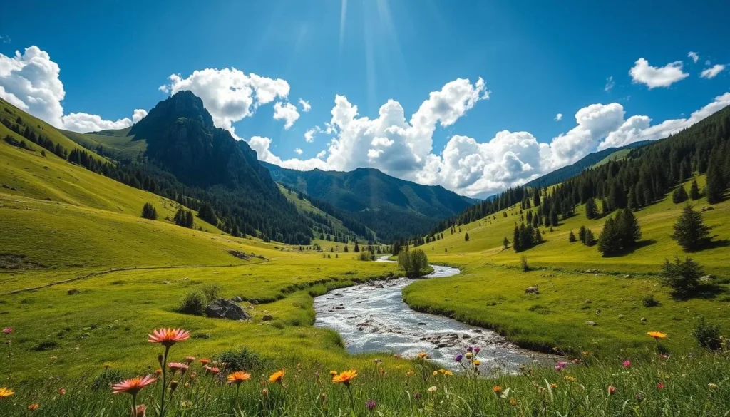 A lush, rolling landscape of the White Carpathians, with verdant meadows and ancient forests. Towering peaks reach up to a vibrant blue sky, dotted with fluffy white clouds. A crystal-clear stream winds its way through the valley, its waters reflecting the surrounding natural beauty. Sunlight dapples the scene, creating a warm, serene atmosphere. In the foreground, wildflowers sway gently in a light breeze, inviting exploration of this idyllic natural paradise. Capture the essence of the White Carpathians - a haven of untamed, pristine wilderness.