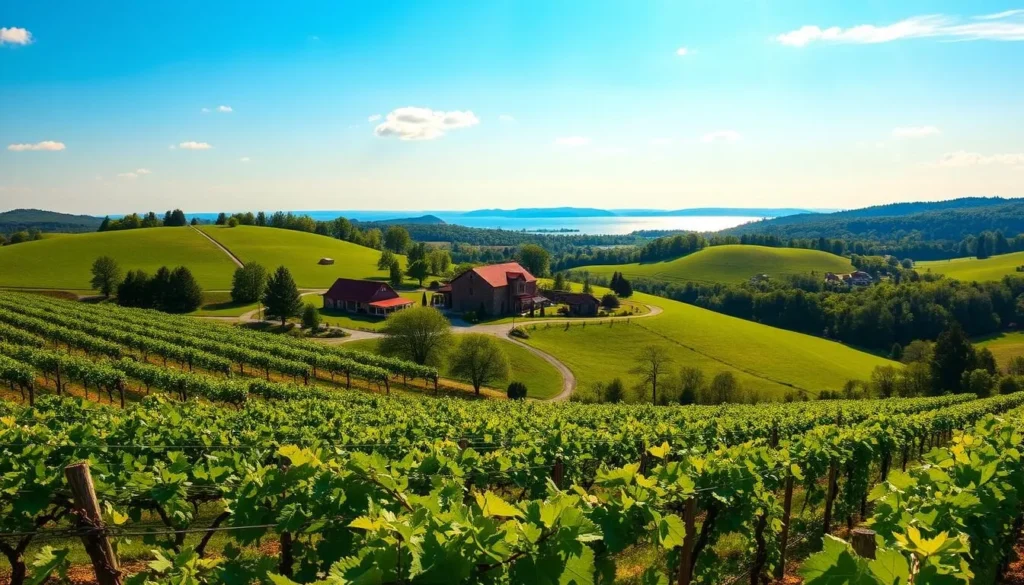 A lush, rolling landscape of verdant vineyards, dotted with charming wineries and quaint farmhouses, under a bright, sun-dappled sky. In the foreground, rows of grapevines stretch out, their leaves gently swaying in a light breeze. The middle ground features a picturesque winery, its stone walls and red-tiled roof reflecting the warmth of the day. In the distance, the serene waters of one of the Finger Lakes glisten, framed by gently sloping hills and forests. The scene is bathed in a warm, golden light, creating a peaceful, idyllic atmosphere that captures the essence of Finger Lakes wine country on a perfect summer day.