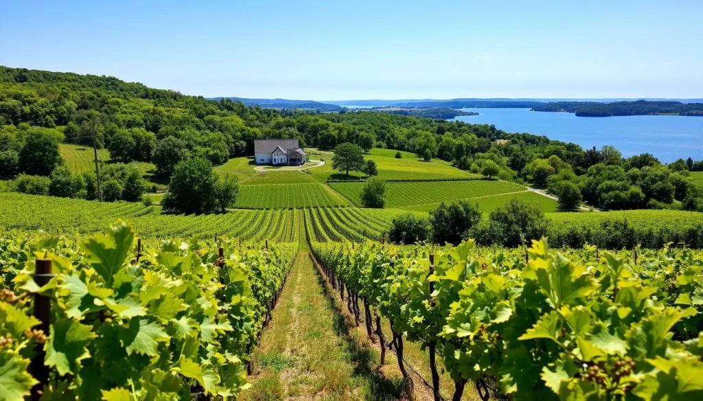 A lush, rolling landscape of vineyards nestled among the picturesque Finger Lakes in upstate New York. In the foreground, rows of vibrant grape vines stretch out, their leaves rustling in the gentle breeze. The middle ground reveals a traditional winery, its charming architecture blending seamlessly with the surrounding natural beauty. In the distance, the deep blue waters of one of the lakes glimmer under a bright, sun-dappled sky. The scene exudes a sense of tranquility and pastoral charm, inviting the viewer to explore the diverse array of wine varietals thriving in this unique microclimate.