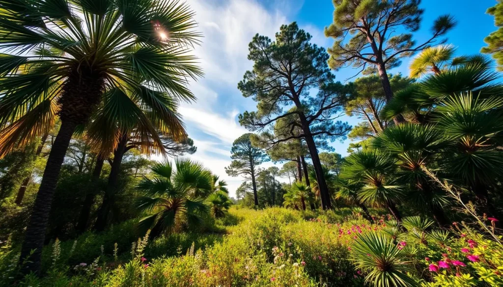 A lush, sun-dappled Pine Rockland ecosystem in Long Pine Key, Florida. The foreground features vibrant green saw palmettos and towering slash pines casting soft shadows. In the middle ground, a diversity of native flowering plants like blazing star and Florida paintbrush dot the understory. The background reveals a hazy blue sky with wispy clouds, creating an atmosphere of tranquility and natural harmony. The scene is bathed in warm, golden light, captured with a wide-angle lens to convey the expansive grandeur of this unique and endangered Florida habitat.