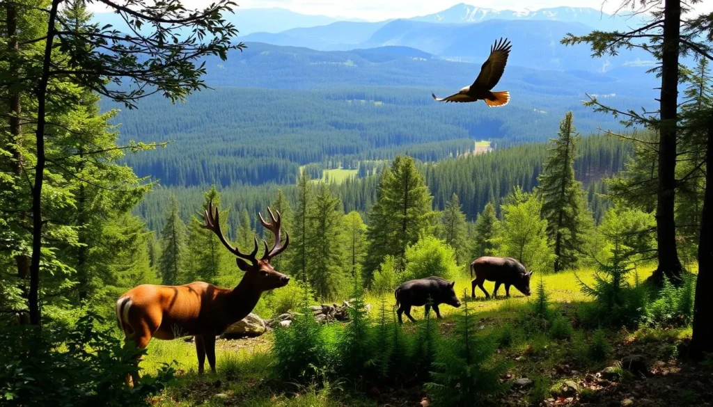 A lush, sun-dappled forest in the Lusatian Mountains, Czechia. In the foreground, a red deer cautiously emerges from the undergrowth, its majestic antlers silhouetted against the dappled light. In the middle ground, a family of wild boar forages among the ferns and fallen leaves. Overhead, a golden eagle soars on the thermals, surveying the scene. The background is a panoramic vista of rolling, forested hills, with distant peaks capped in snow. The atmosphere is one of tranquility and natural abundance, perfectly capturing the vibrant wildlife of this stunning mountain region.