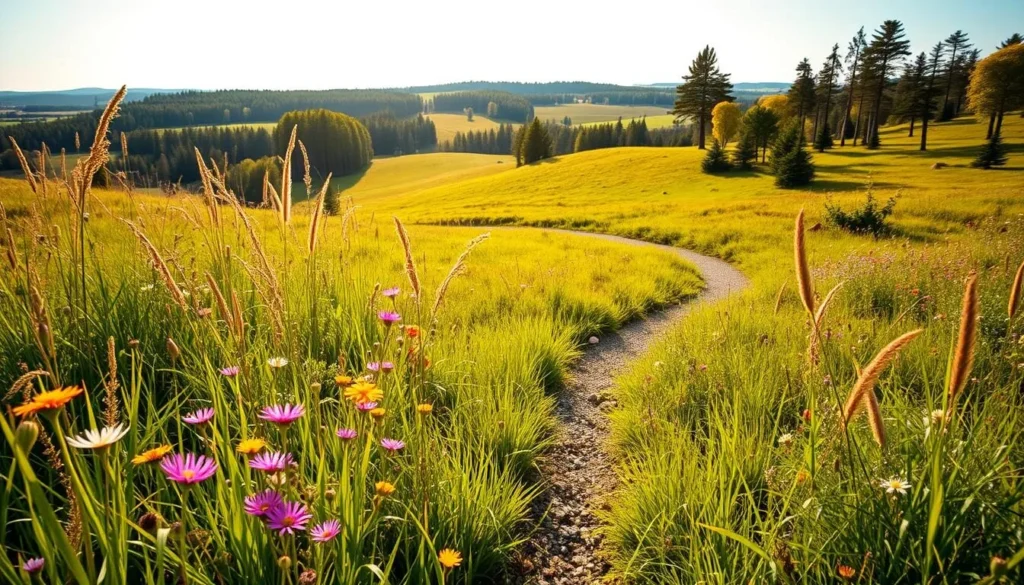 A lush, sun-dappled meadow in Ängsö National Park, Sweden. The foreground is abloom with vibrant wildflowers swaying gently in a soft breeze. In the middle ground, a winding gravel path leads through the tall, verdant grasses. The background reveals a picturesque landscape of rolling hills, dotted with clusters of birch and pine trees. Warm, golden light filters through the canopy, casting a serene, pastoral atmosphere. Capture this idyllic scene with a wide-angle lens, showcasing the expansive beauty of the Ängsö meadows on a perfect summer day.