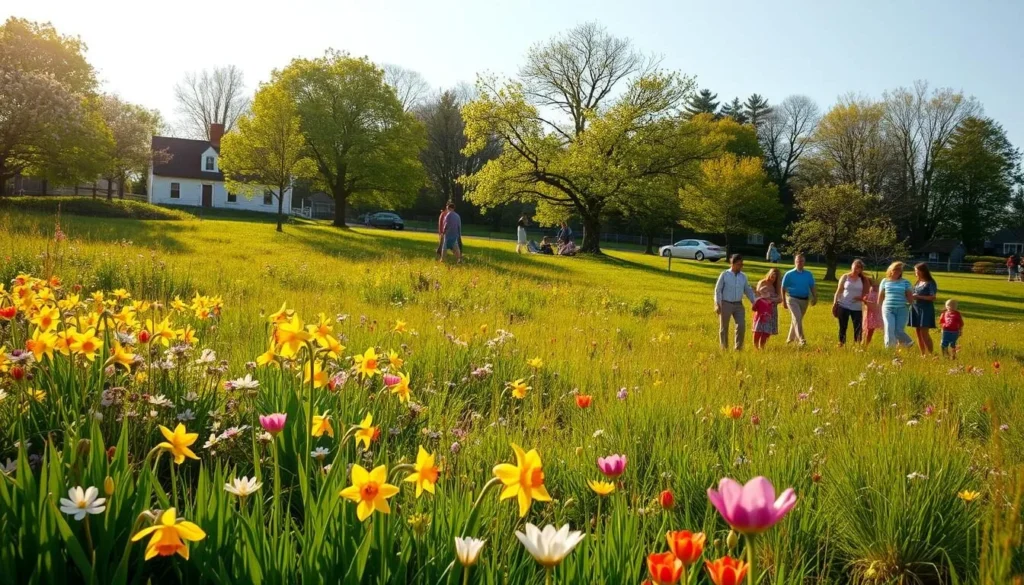 A lush, sun-dappled meadow on Martha's Vineyard, springtime in full bloom. Vibrant wildflowers - daffodils, tulips, and cherry blossoms - sway gently in a soft breeze. In the distance, a historic New England farmhouse, its whitewashed walls and red-shingled roof framed by verdant trees just budding with new life. Families and friends gather, enjoying the warm weather and the island's natural beauty - strolling along winding paths, picnicking on the grass, and taking in the season's first island events. The scene is bathed in the golden hour glow of the setting sun, capturing the essence of Martha's Vineyard in the serene and rejuvenating days of spring.
