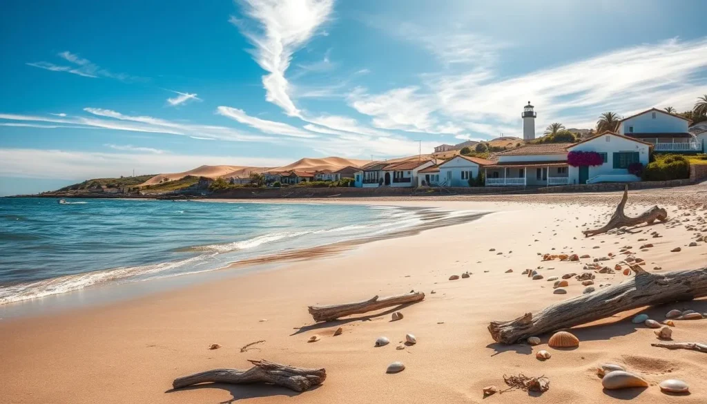 A lush, sun-drenched coastal landscape in Jose Ignacio, Uruguay. In the foreground, a serene sandy beach dotted with weathered driftwood and seashells. Gentle waves lap at the shore, reflecting the azure sky above. In the middle ground, rows of quaint, whitewashed houses with terracotta roofs nestle between rolling sand dunes, their facades adorned with vibrant bougainvillea. In the distance, a picturesque lighthouse stands tall, guiding vessels along the horizon. Warm, golden light filters through wispy clouds, casting a dreamy, romantic atmosphere over the entire scene. Capture the essence of this charming, off-the-beaten-path coastal town, a true hidden gem of Uruguay.