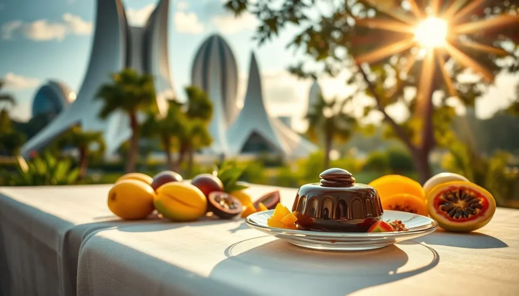 A lush, sun-drenched scene in Brasilia, Brazil's capital city. In the foreground, an artfully plated dessert takes center stage, its rich chocolate ganache glistening under the warm, golden light. Surrounding it, an array of vibrant tropical fruits - juicy mangoes, tangy passion fruits, and vibrant guava slices - create a visually striking contrast. In the middle ground, a table draped in crisp, white linen sets the stage, while in the background, the iconic, futuristic architecture of Brasilia's buildings provide a sleek, modern backdrop. The overall atmosphere is one of sophistication, elegance, and the delightful fusion of Brazil's natural bounty and architectural innovation.